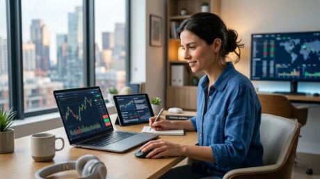 Mujer en un escritorio usando una laptop con gráficos de velas y un monitor con datos de mercado en una oficina en casa.