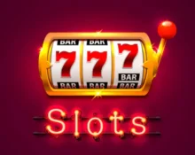 Ilustración de una tragamonedas en línea con tres sietes y la palabra Slots en neón