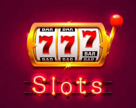 Ilustración de una tragamonedas en línea con tres sietes y la palabra Slots en neón