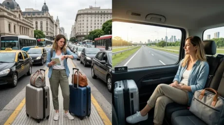 Mujer con valijas en una calle con tránsito en Buenos Aires y luego viajando relajada en un traslado hacia el aeropuerto