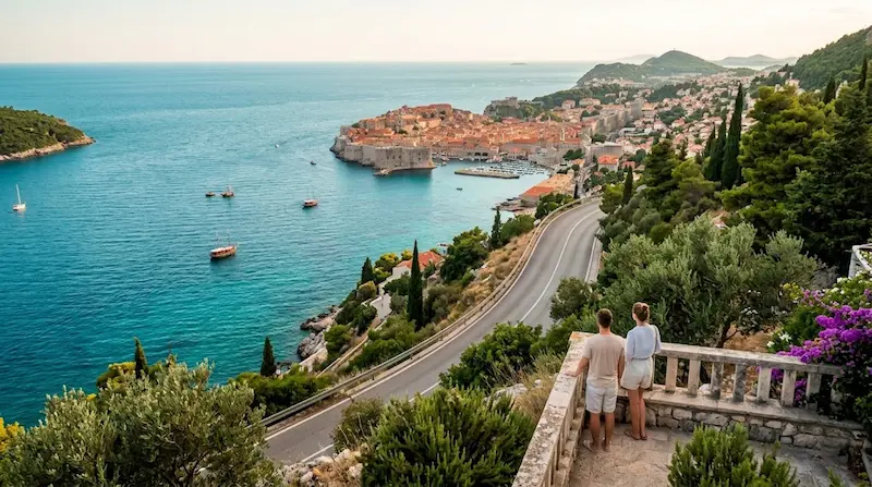 Vista panorámica de Dubrovnik y la costa del Adriático con una ruta junto al mar y dos turistas observando el paisaje