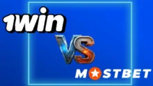 Logos de 1Win y Mostbet enfrentados con un símbolo VS sobre fondo azul