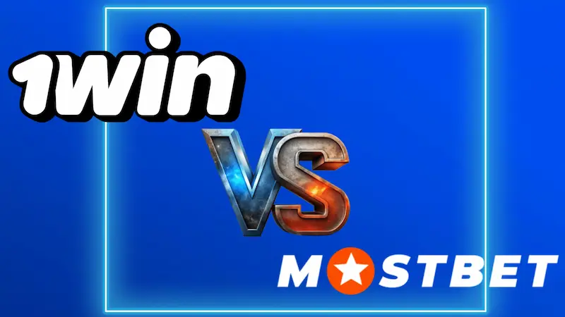Logos de 1Win y Mostbet enfrentados con un símbolo VS sobre fondo azul