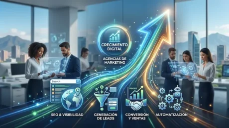 Escena ilustrada de un equipo en oficina con gráficos, flechas de crecimiento y paneles sobre marketing digital