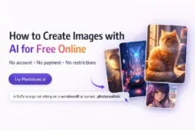 Promotional graphic for an AI image generator showing sample artworks and a text prompt interface