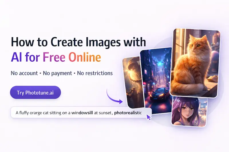 Promotional graphic for an AI image generator showing sample artworks and a text prompt interface