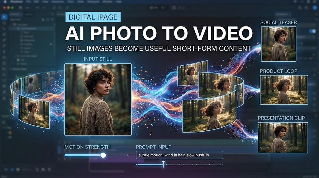 Illustration of an AI photo-to-video workflow turning one portrait into multiple short-form video clips