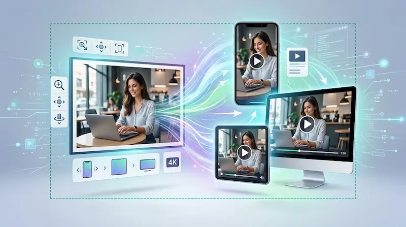 Illustration of a photo-to-video tool turning a laptop photo into video previews on phone, tablet, and desktop
