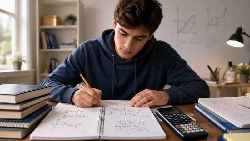 Student studying AP Calculus with graph paper, formulas, books and a graphing calculator on a desk