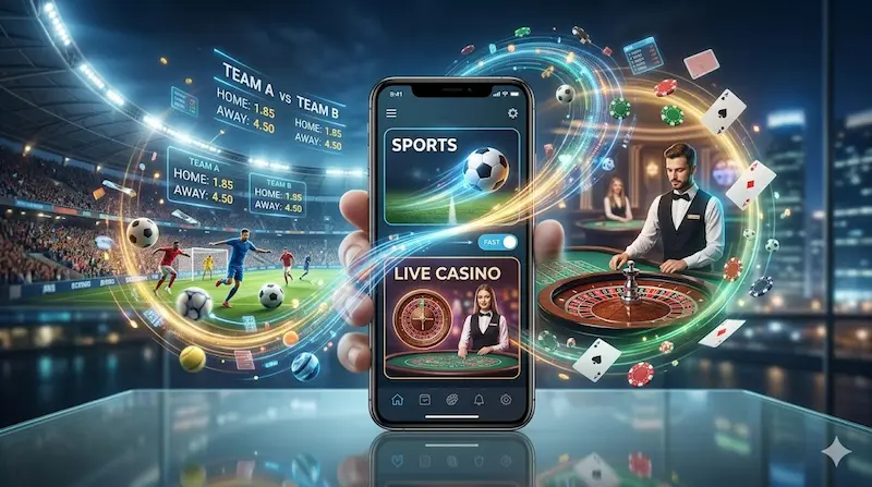 Celular con app de apuestas deportivas y casino en vivo, con estadio, ruleta y cartas al fondo