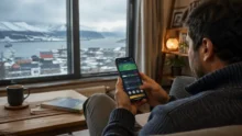 Adulto usa una app de apuestas en el celular frente a una ventana con paisaje nevado