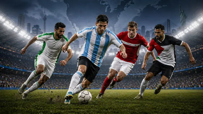 Futbolista con camiseta argentina avanza con la pelota ante tres rivales en un estadio iluminado