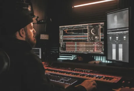 Audio producer working at a music workstation with dual monitors, mixing software and a MIDI keyboard
