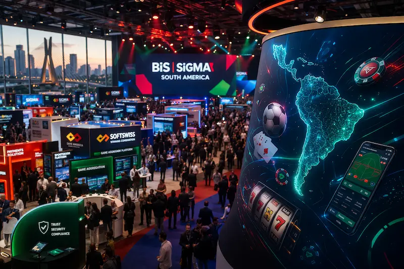 Vista general de BiS SiGMA South America 2026 con stands, público y mapa digital de Latinoamérica