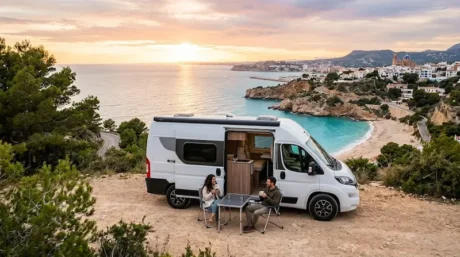 Autocaravana blanca estacionada frente al mar, con dos personas sentadas junto a una mesa exterior