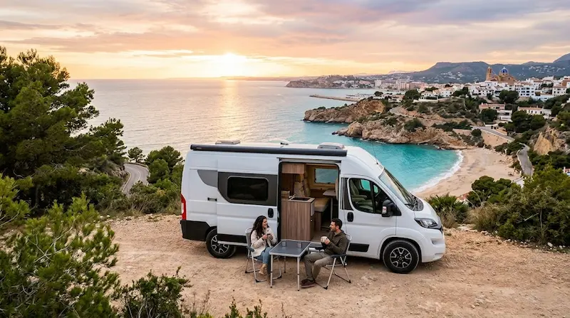 Autocaravana blanca estacionada frente al mar, con dos personas sentadas junto a una mesa exterior