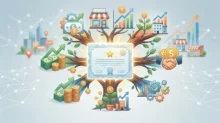 Ilustración de un certificado en un árbol con iconos de dinero, negocios, gráficos y un apretón de manos