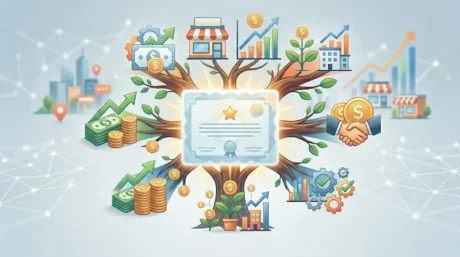 Ilustración de un certificado en un árbol con iconos de dinero, negocios, gráficos y un apretón de manos