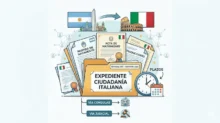 Ilustración con carpeta de ciudadanía italiana, documentos, reloj y banderas de Argentina e Italia.