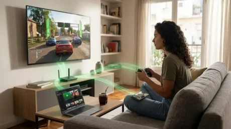 Mujer juega un videojuego de carreras frente al televisor con notebook y router en la sala.