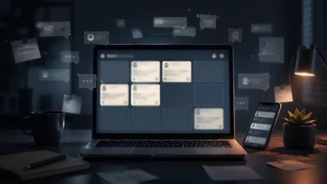 Laptop con publicaciones anónimas borrosas y burbujas de chat en un escritorio oscuro