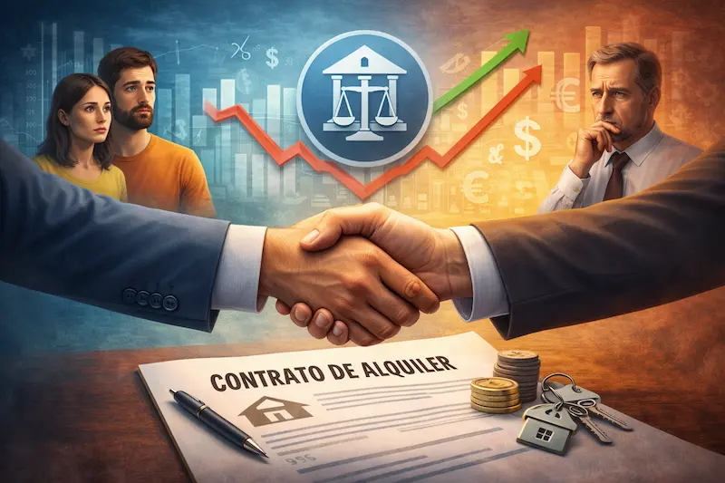 Dos personas estrechan la mano sobre un contrato de alquiler, con gráficos, monedas y llaves de fondo