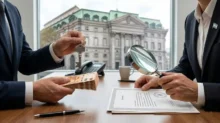 Dos personas de traje revisan un documento mientras una sostiene una llave y fajos de billetes.