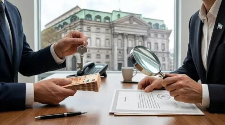 Dos personas de traje revisan un documento mientras una sostiene una llave y fajos de billetes.