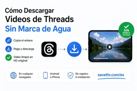 Gráfico sobre descarga de videos de Threads sin marca de agua con un teléfono y tres pasos básicos.