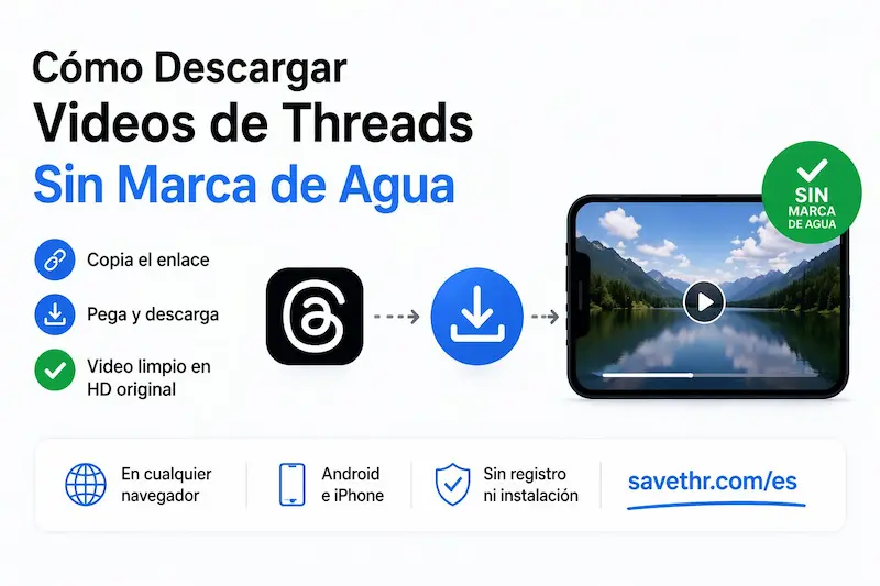 Gráfico sobre descarga de videos de Threads sin marca de agua con un teléfono y tres pasos básicos.