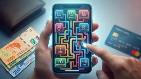 Mano con celular que muestra promociones y descuentos, junto a pesos argentinos y una tarjeta bancaria.