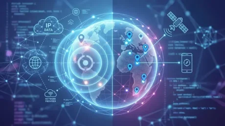 Ilustración digital de un globo con pines de ubicación, iconos de red y fondo con código