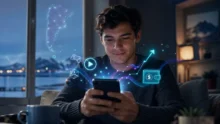 Hombre mirando su celular con íconos digitales flotantes y mapa de Argentina al fondo