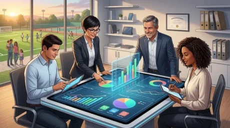 Ilustración de un equipo revisando gráficos financieros en una oficina con canchas al fondo