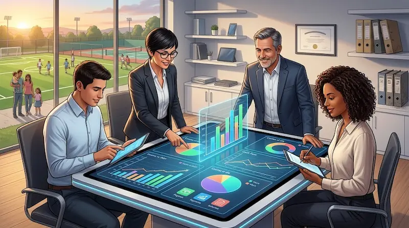 Ilustración de un equipo revisando gráficos financieros en una oficina con canchas al fondo