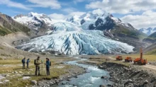 Glaciar de montaña con un arroyo, técnicos con trípodes y camiones de perforación en un valle