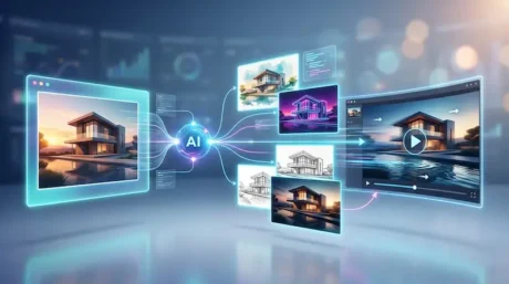 Illustration of an AI tool transforming a house image into edited variants and a video sequence