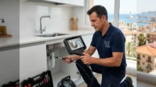Técnico revisa la tubería bajo un fregadero con una cámara de inspección en una cocina.
