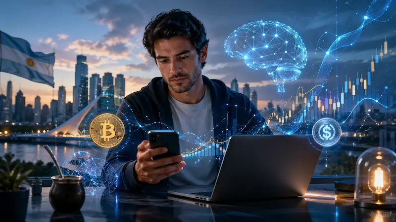 Hombre usa celular y notebook con gráficos cripto, símbolo de Bitcoin e IA junto a una bandera argentina