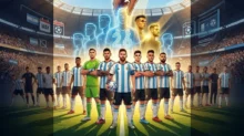 Ilustración del plantel argentino en un estadio, con una mano señalando a un jugador y el número 26 al fondo.