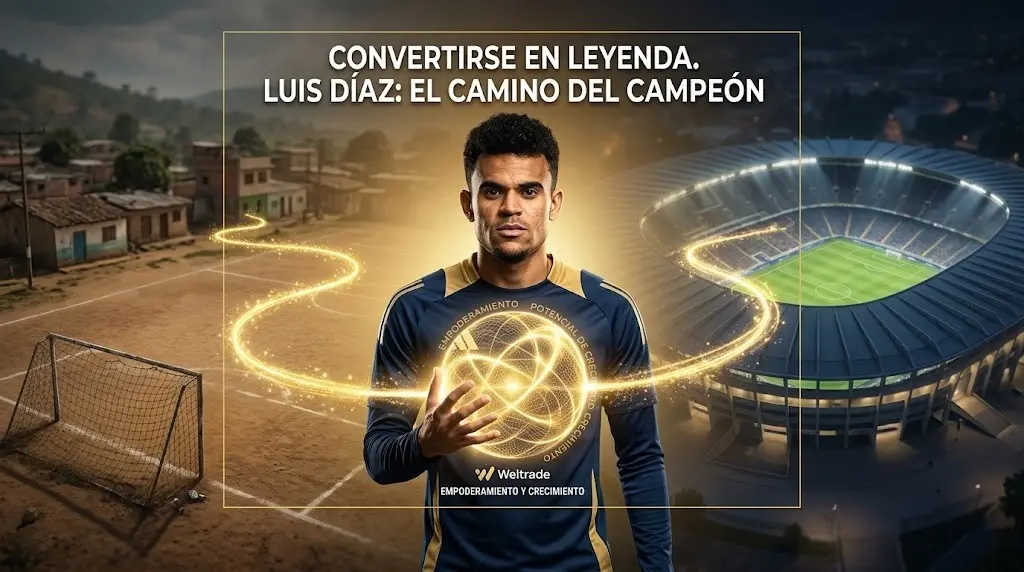 Ilustración de Luis Díaz entre una cancha de tierra y un estadio, unidos por una estela luminosa.
