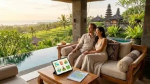 Pareja sentada en un sofá junto a una piscina con terrazas verdes y templos al fondo
