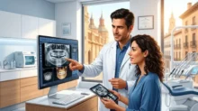 Odontólogo muestra una radiografía dental en pantalla a una paciente dentro de un consultorio