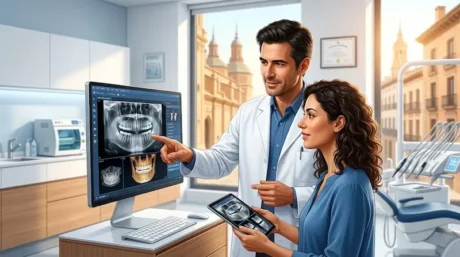 Odontólogo muestra una radiografía dental en pantalla a una paciente dentro de un consultorio