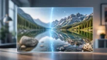Panel digital muestra una foto pixelada que se transforma en una imagen nítida de montañas y un lago