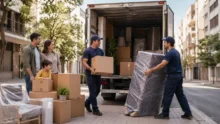 Mudanza organizada con camión abierto, cajas embaladas, muebles protegidos y personas en una calle urbana