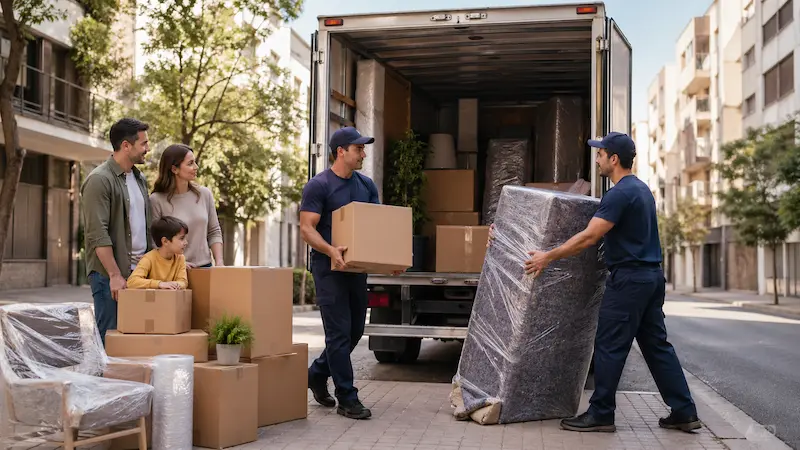 Mudanza organizada con camión abierto, cajas embaladas, muebles protegidos y personas en una calle urbana