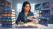Ilustración de una mujer leyendo un libro junto a una pila de libros y pantallas con gráficos de mercado y criptomonedas