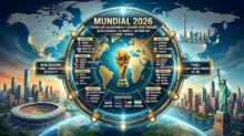 Infografía del Mundial 2026 con trofeo central, mapa, grupos confirmados y paneles de apertura y final