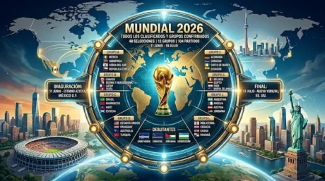 Infografía del Mundial 2026 con trofeo central, mapa, grupos confirmados y paneles de apertura y final